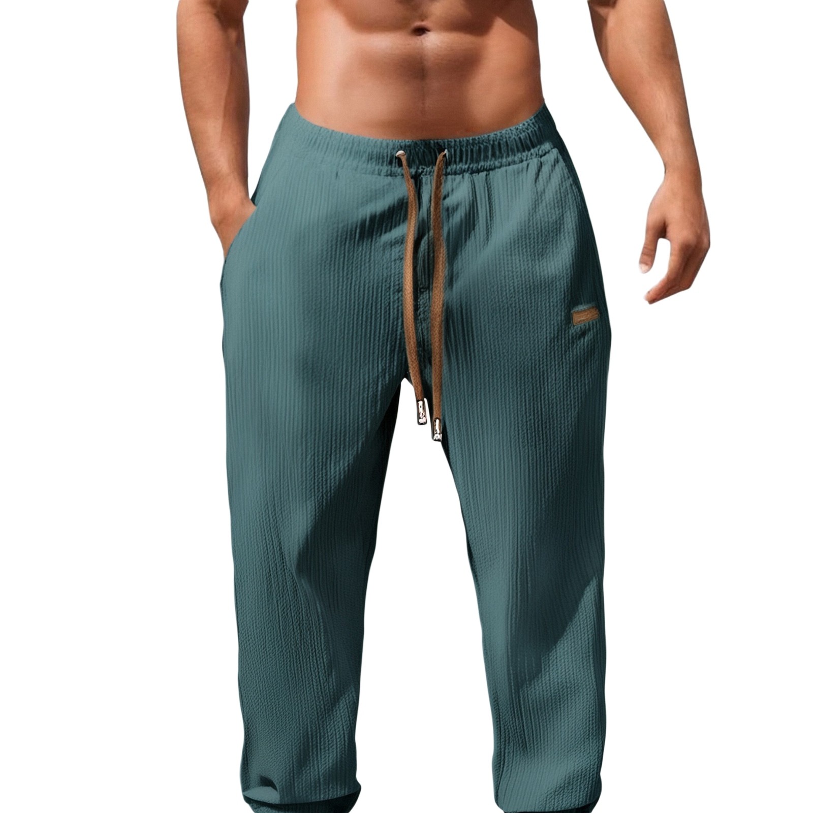 thumbnail image 2 of Pantalones casuales de corte holgado y pierna recta para hombre - Ropa de verano de color liso - Fáciles de cuidar, lavables a máquina - Versátiles para combinar con camisetas, 2 of 4